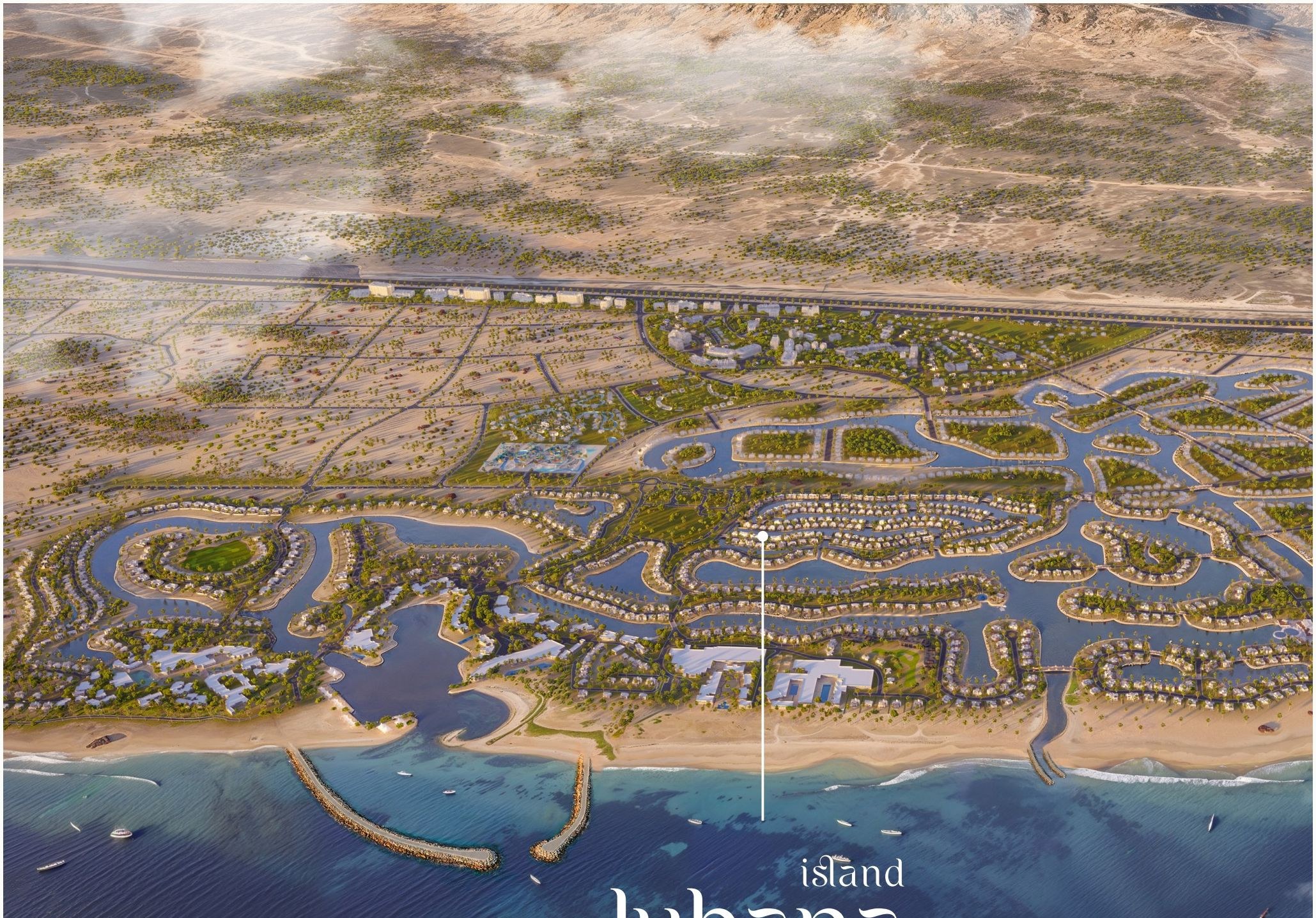 Hawana Salalah – aerial view of the resort, lagoons and beach