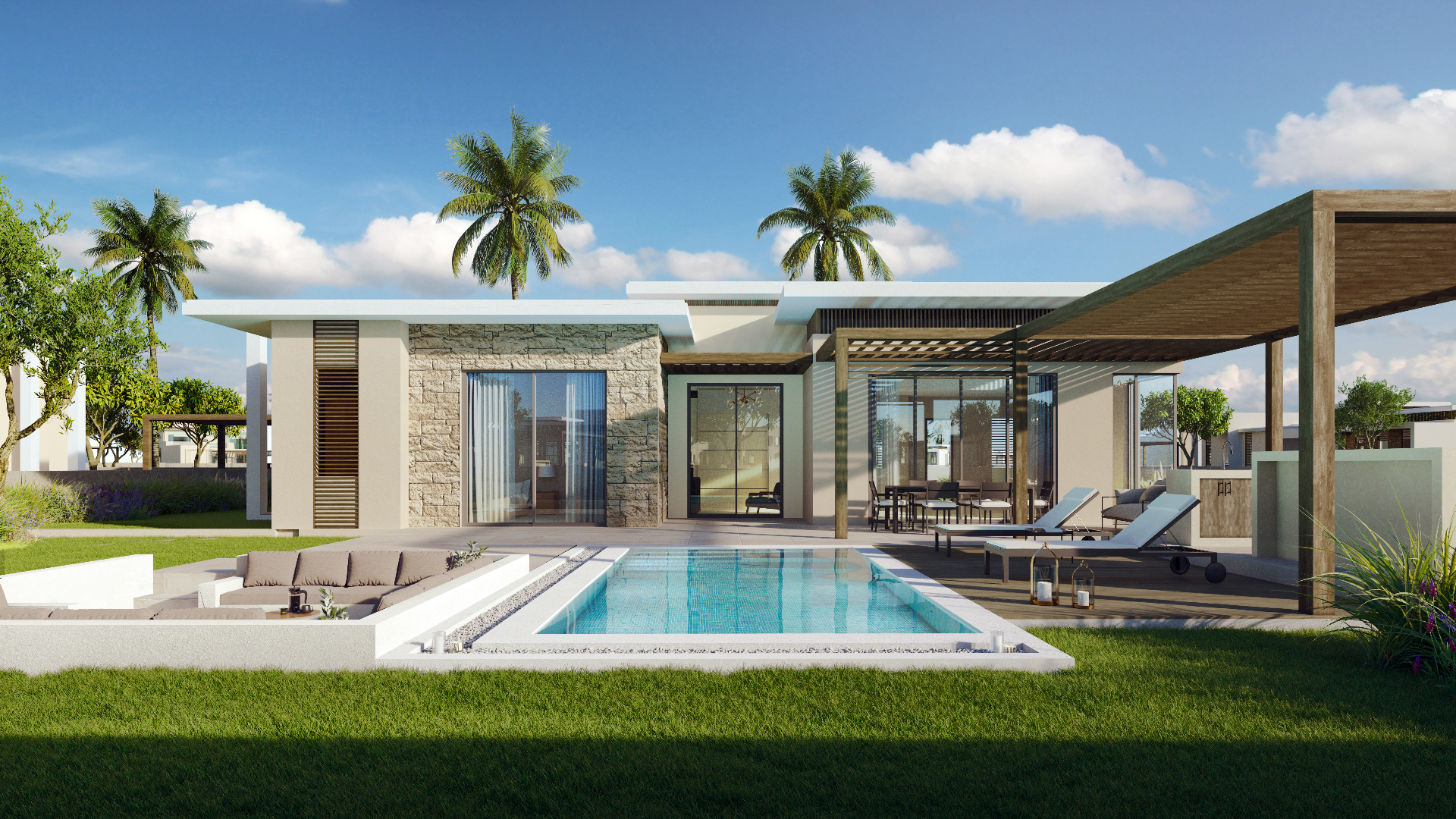 Raya villa exterior with pool and garden