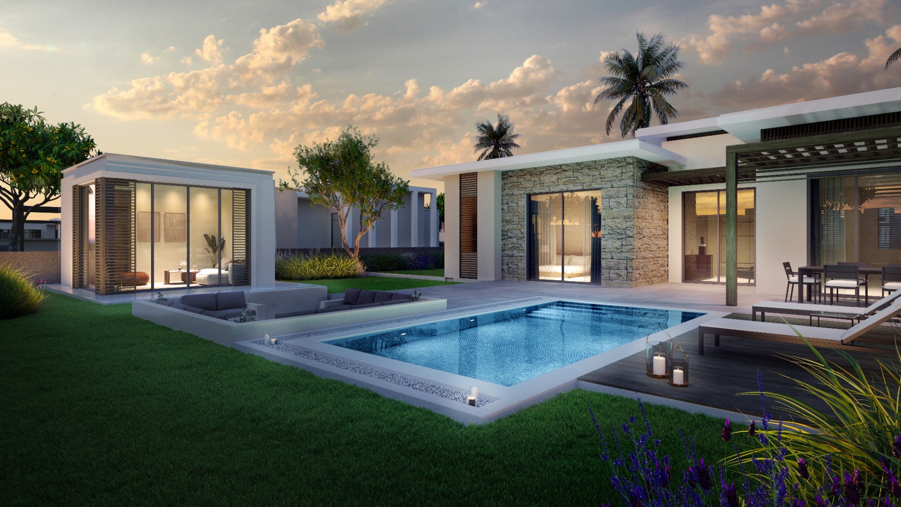 Raya Villa – terrace and pool at sunset