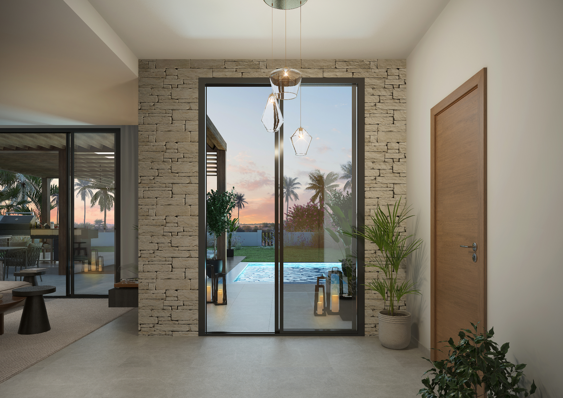 Entrance foyer and staircase in a Raya villa in Jebel Sifah
