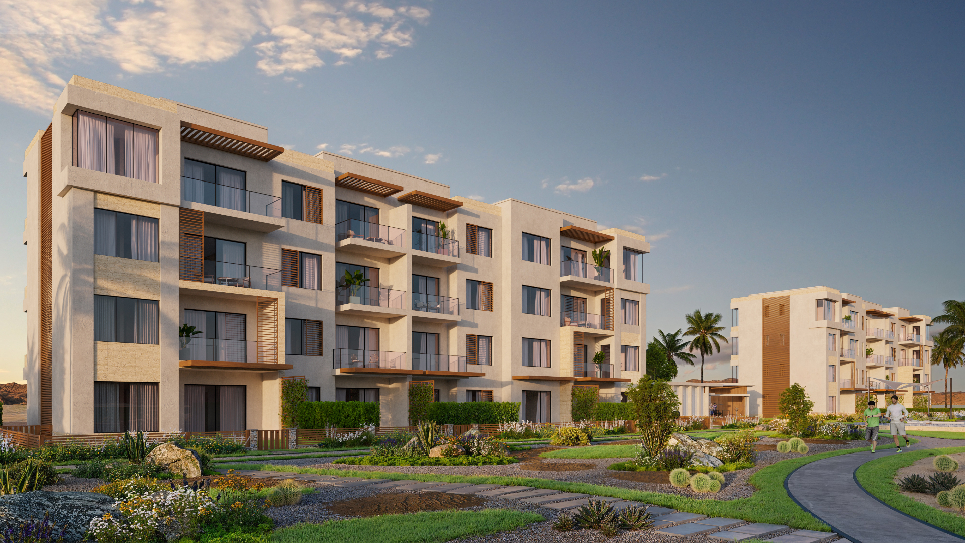Solaris apartment building and gardens in Jebel Sifah